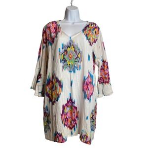 HOOT Womens Art To Wear Tunic Top Sz L/XL Ikat Print Bold Bohemian‎ Bell Sleeves